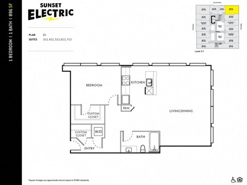 Floor plan for 1 bed, 1 bath, 896 sqft